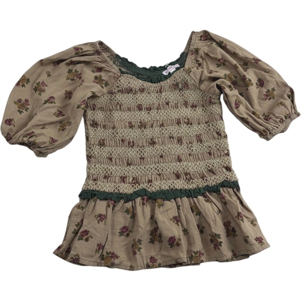 Ivy City Co Girls Floral Smocked Puff Sleeve Peplum Top Tan Green Size 8T